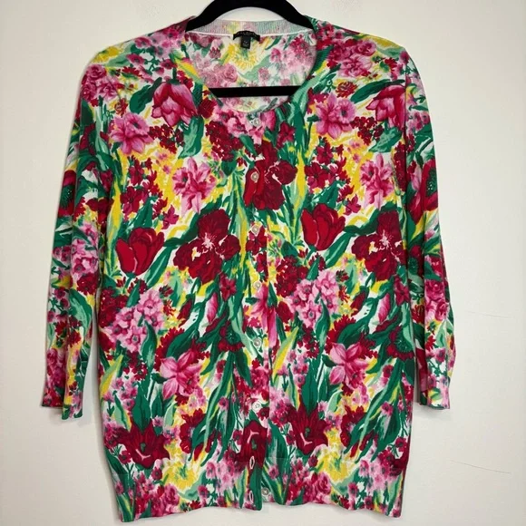 Talbots LP Petite Cardigan‎ Bold Red Pink Yellow Green Floral Cotton Rayon