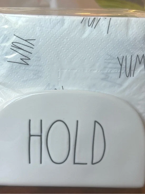 New Rae Dunn Ceramic Napkin /Mail “HOLD”Organizer Holder W/PKG of YUM Napkins