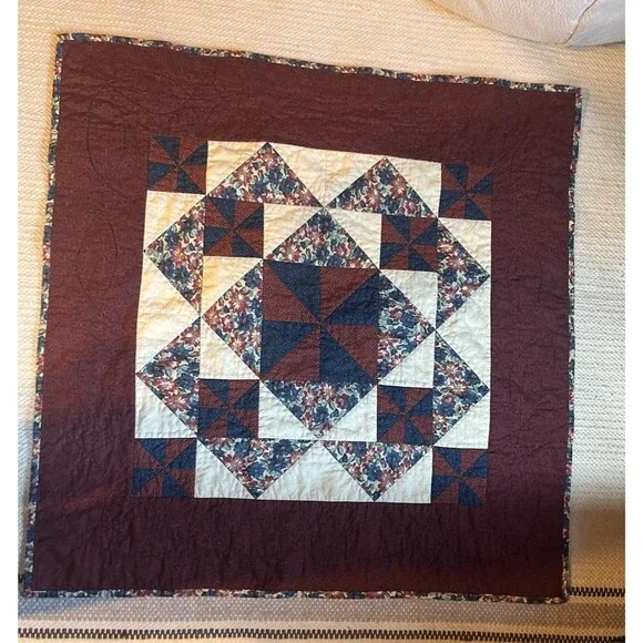 Decorative Wall Tapestry Floral Burgandy Blue Handmade 34” X 34” Quilted