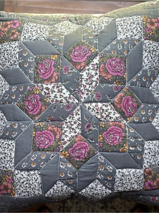Gray Floral Patchwork Quilted Pillow with Pink Roses