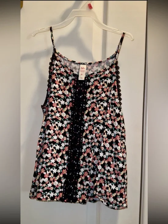 Justice Black Floral Lace-Trim Camisole with Pink & White Flowers