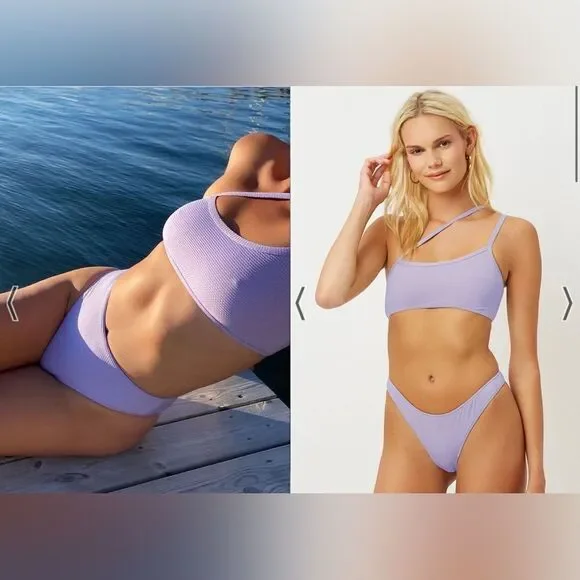 Frankie’s Bikinis lavender sparkly Olivia bikini top + thong bottoms