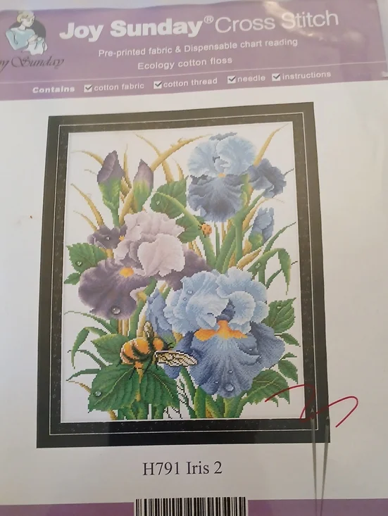 Joy Sunday Blue Purple Iris Floral Cross Stitch Kit.