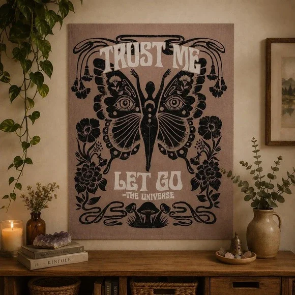 Boho Butterfly Wall Tapestry Trust Me Let Go The Universe Beige Black Spiritual