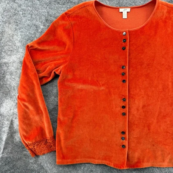 J. Jill Velour Cardigan Womens Large Orange Lace Velvet Trim Button Front Cotton