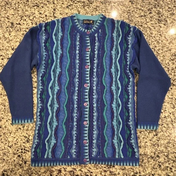 Vintage 90s Tulchan Cardigan Blue Wool Oversized Coogi S/M Unisex‎ Festival Ugly