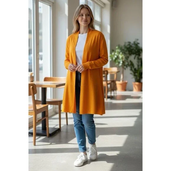 NWT Ann Klein SZ M Yellow‎ Lightweight Spring Luxe Open Long Cardigan Duster $99