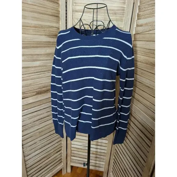 GAP Women's Navy Blue White Striped Long Sleeve V Neck Knit Sweater Size Medium‎
