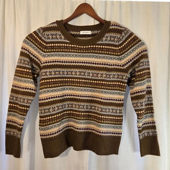 Calvin Klein Fair Isle Long Sleeve‎ Crew Neck Sweater Women's M Brown EUC