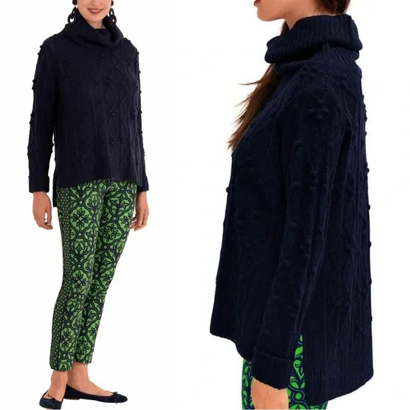 Gretchen Scott Dark Navy Knot Enough Textured‎ Side Slit Chunky Sweater Sz Small