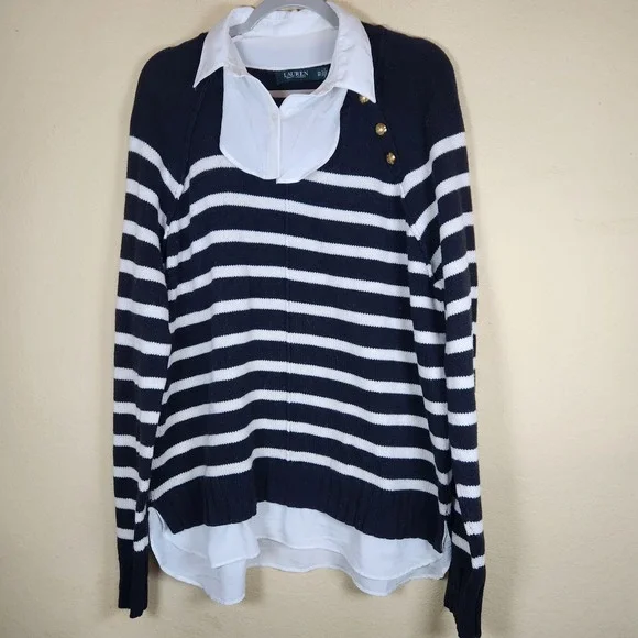 Polo Ralph Lauren blue white striped Sweater Preppy tunic inside out seam collar