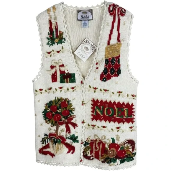 Tiara International Vintage 1997 Christmas Sweater Vest Cream Beaded Noel Medium