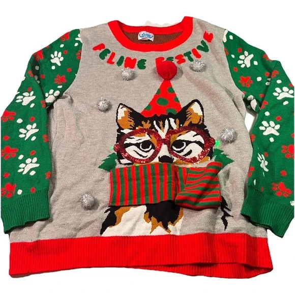 Rockin‎ Around Womens Size Large Ugly Christmas Sweater Cat Festive