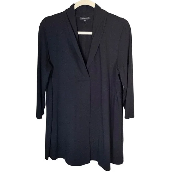 Eileen Fisher Black V Neck‎ Dolman Sleeve Knit Cardigan Tunic Top L