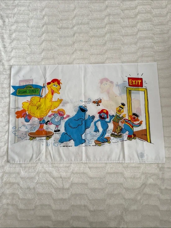 Vintage Sesame Street Skateboarding Characters Pillowcase - Yellow, Blue, Red