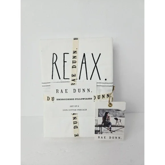 New Rae Dunn RELAX White Cotton Percale‎ Standard Pillowcases set of 2