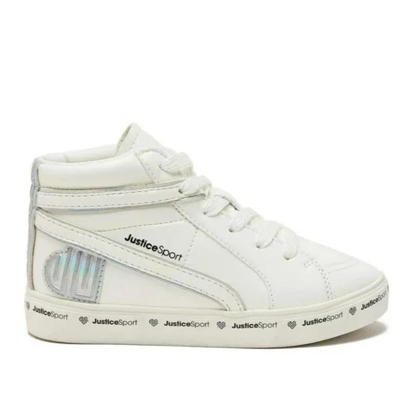 NWT Justice Sport Girls' Mid Court Iridescent Pearl Holographic Sneakers, Sz 4