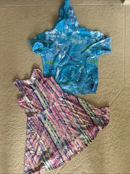 Justice Girls Blue Tie-Dye Paint Splatter Hoodie and dress bundle