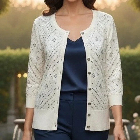 White House Black Market Ecru Size Small Embellished Cardigan‎ Cream  3/4 Sleeve