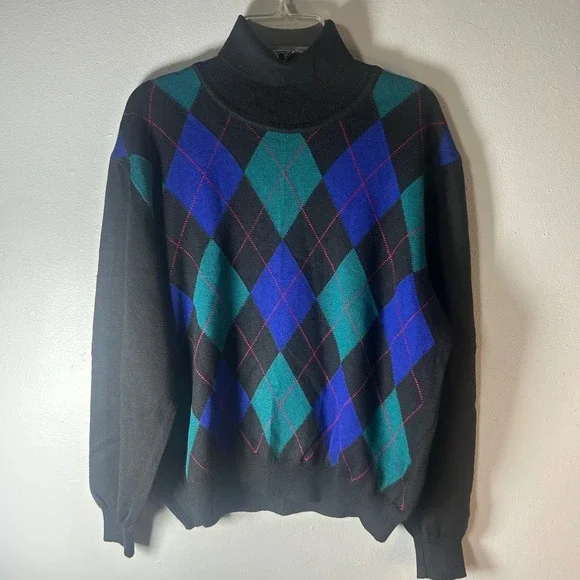 Talbots Petites PM Black‎ Argyle Turtleneck Sweater Merino Wool Made in Italy