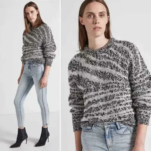 Current/Elliott Cybill‎ Womens Crew Neck Zebra Cropped Knit Sweater B & W (US 6)