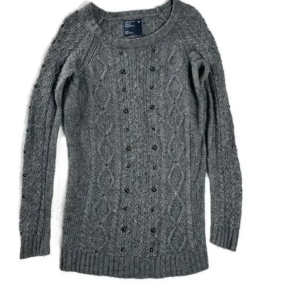 American‎ Eagle Wool Blend Cable Knit Studded Sweater Gray M Indie