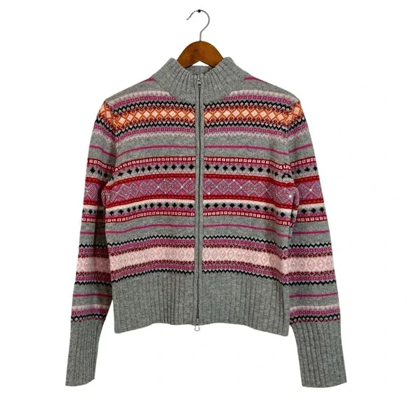 Vtg Context 100% Wool Fair Isle Sweater Sz L Full Zip Beaded Sequined NOS‎