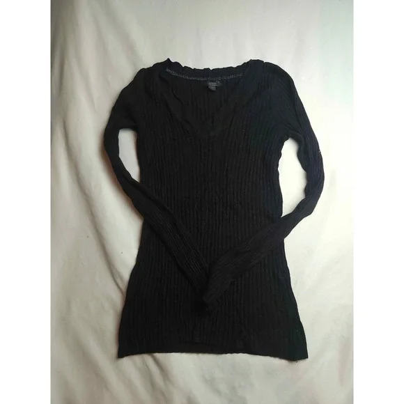 Express Womens Ribbed V-Neck Long Sleeve Sweater Black Size Medium