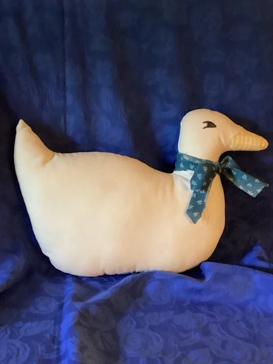 Vintage Handmade  White  Fabric  Duck Pillow. 15” x 8”