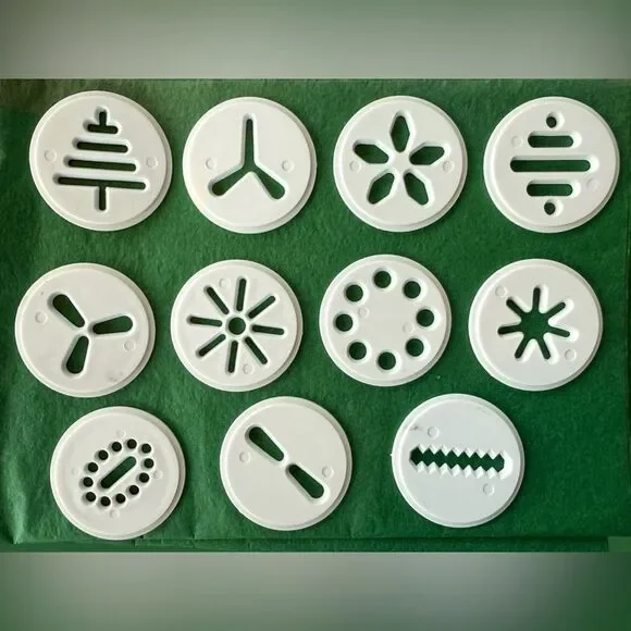 Cookie Press Holiday Baking Disk Set of 11 White Plastic‎ 2” Disks