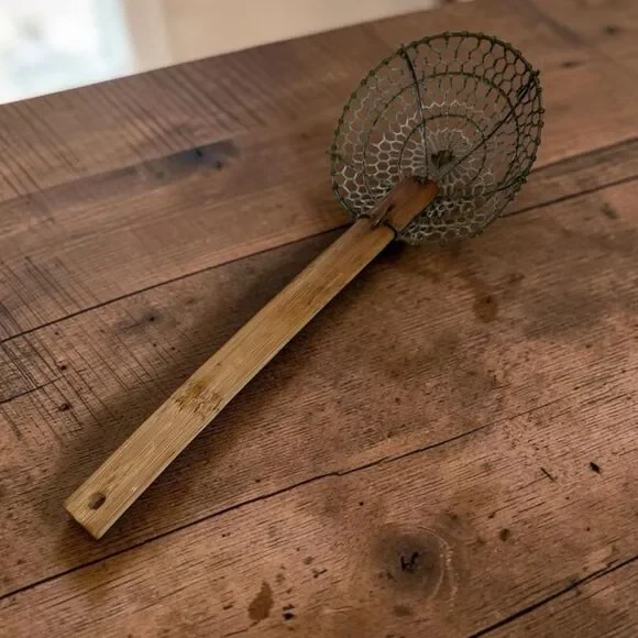 Vintage Bamboo Handle Wire Mesh Skimmer Strainer Rustic Kitchen Utensil