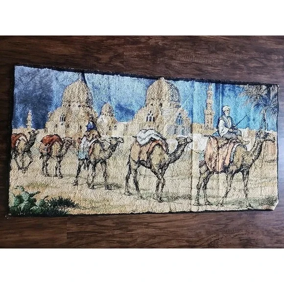 Vintage Large Camel Middle Eastern Scene Wall Hanging Tapestry 39 X 20