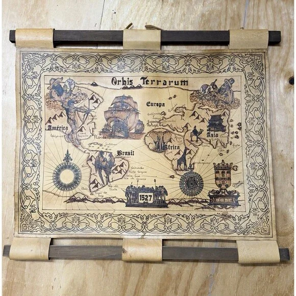 Vintage Leather World Map Wall Hanging decor Orbis Terrarum 1527 Pyrography 29.5
