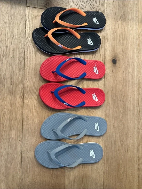 Nike Men’s size 12 Flip-Flops Trio in Black/Orange, Red/Blue & Gray