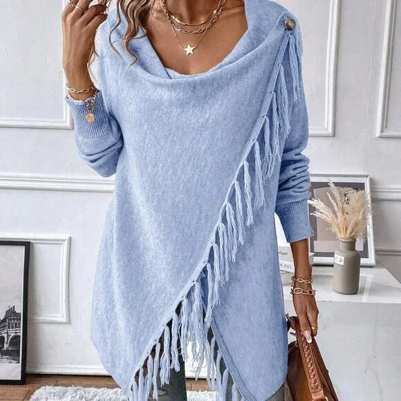 Blue Casual Women's Asymmetrical Long Sleeve Fringe Tassel Sweater Dress
