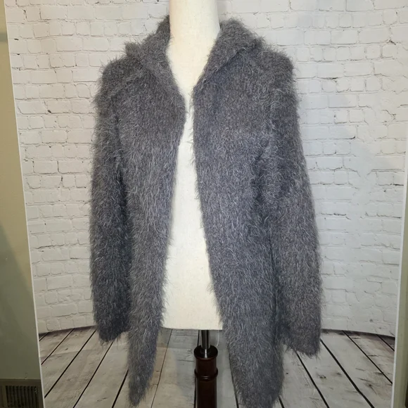 Military Hippie Gray Shaggy‎ Hooded Cardigan Sweater Fuzzy Boho Jacket L/XL