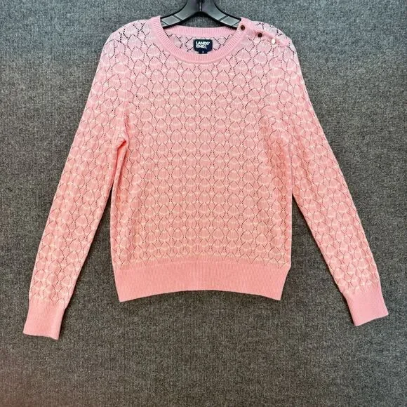 Lands End Sweater Womens S Pink Crew Neck Open Knit Soft Girl Casual Preppy Boho