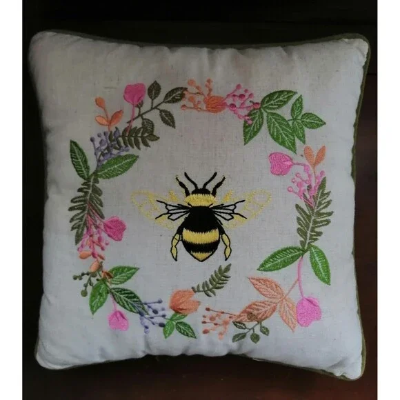 Embroidered Bumle Bee Flowers Pillow French Country Cottagcore 12