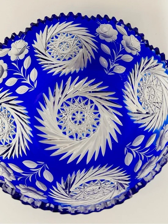 Bohemian Blue Cobalt Cut to Clear Sawtooth Crystal Bowl w/ Floral Pattern 9”