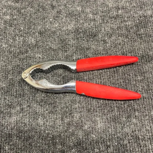 Heavy Duty Metal Nutcracker Seafood Cracker with Red Comfort Grip Handles Silver