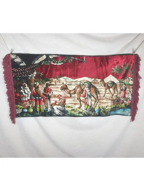 Vtg Velvet Tapestry Woven Cotton Wall Art 44x20” Rectangle Desert Scene Camels