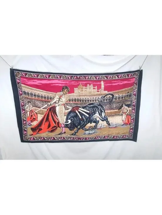 Vtg Velvet Tapestry Matador Cotton Wall Art 35x58” Retro Rug 1970s Spain Bull