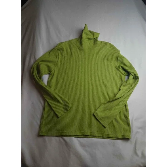 White Stag Lime Green Ribbed Turtleneck Long Sleeve Top Large Rib Knit Womens
