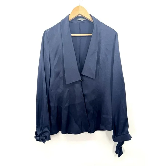 Zac Posen Navy Shawl Collar Deep V-Neck Top 8 Quiet Luxury Minimal Capsule Satin
