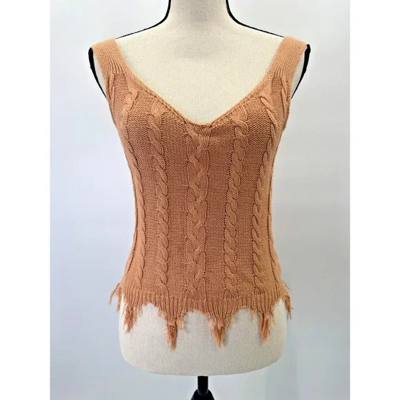 Boho Festival Cable Knit Crochet V-Neck Top Small Fringe Tan Coral Western Beach