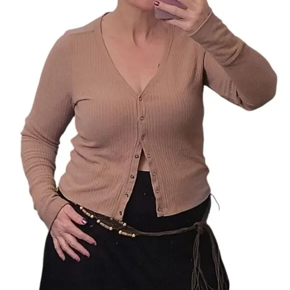 Abercrombie & Fitch Tan Ribbed Button Down Front Fitted Viscose Cardigan‎ Large
