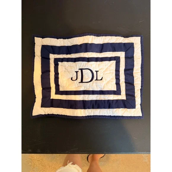 Pottery Barn Kids Navy Grosgrain Monogrammed JDL Quilted Pillow Sham 12x16 White