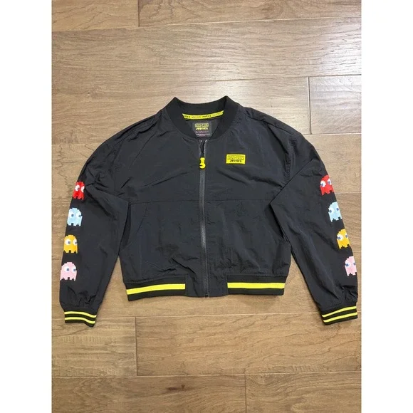 Justice Pac-Man Girls Bomber Jacket Black XL 16/18 Retro Gaming Windbreaker Zip