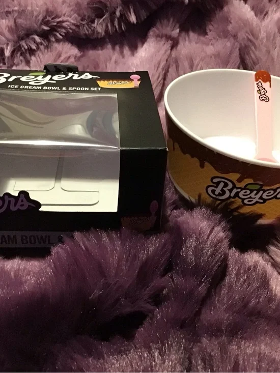 Breyers Ice Cream Bowl & Spoon Set - Yellow/Brown with Pink Spoon