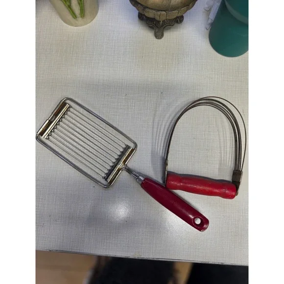 Vintage EKCO Cheese Slicer & Androck Pastry Blender Red Wood Handle USA Kitchen